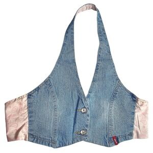 Y2K Levis Denim Halter Top Women Large Blue Pink Paisley Tie Back V-Neck Vest